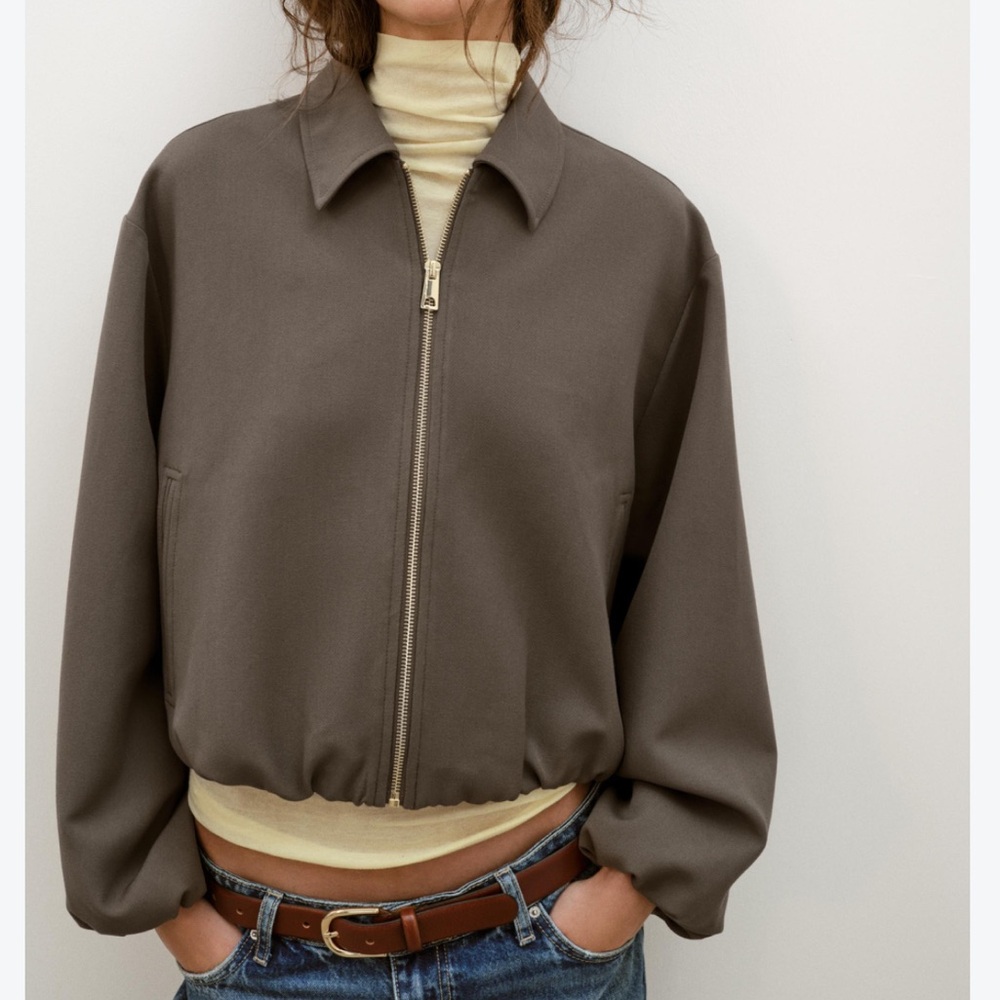 Zara Puff Sleeve Zip Up Puffball Bomber Jacket Light Khaki Grey Cropped Women XL